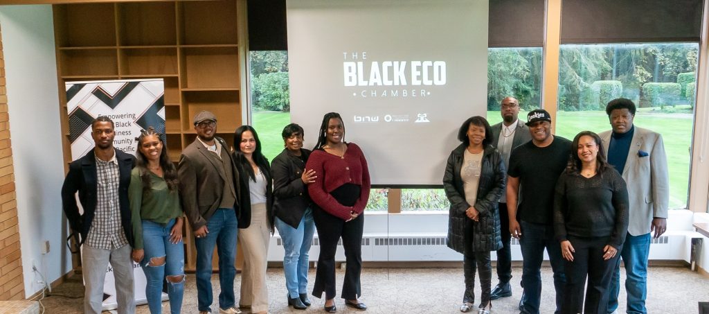 Attendees and hosts for the Black Eco Chamber (BECO) take a group photo at the Starting a Business Workshop.