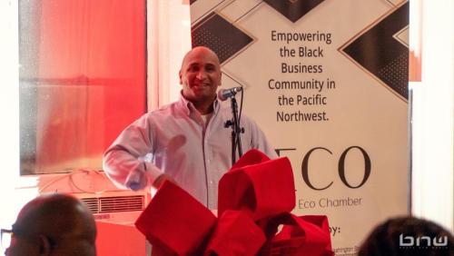 Attendee and Seattle Majestics Coach Rodney McCurry speaks at the BECO 2024 Holiday Mixer Event at The Bindery in Tacoma, WA. Photo by Larry Dominico for Brave New World Enterprises.