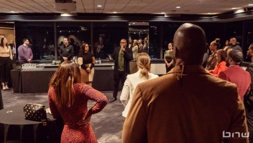 Black Eco Chamber 2.21.24-Attendees listen to founder Shyan Selah at the BECO x ELEVATE Event at the Columbia Tower Club.